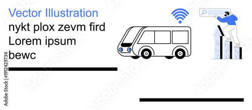 Smart cities, public transport, data analysis, connectivity, digital transformation, wireless technology. wireless-equipped vehicle and person conducting data search. Smart cities and public