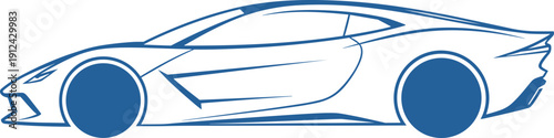 Modern sports car line art illustration, blue outline supercar side view vector isolated on white background, sleek automotive design concept