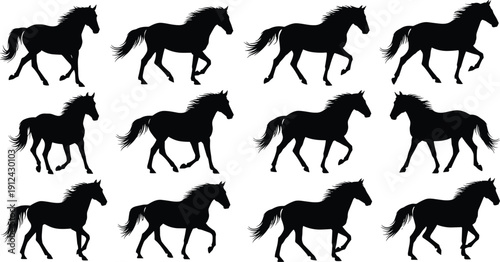 Horse silhouettes, walking and trotting poses, stylized illustration, minimal vector art, equine motion study, wildlife graphic design