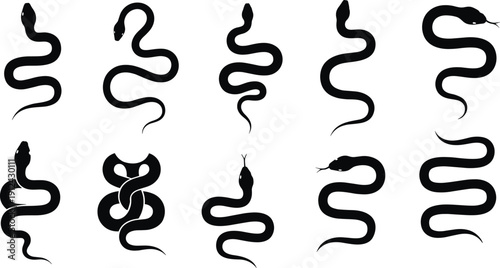 Black silhouette illustration of snakes in diverse coiled and curved positions, stylized reptile shapes highlighting serpentine movement, symmetry, 