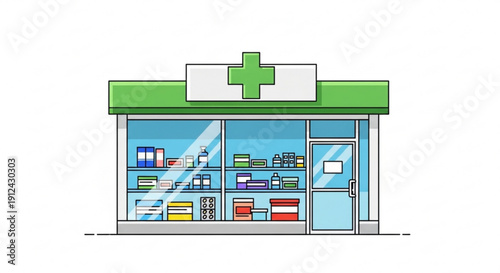 Pharmacy storefront with green cross sign and colorful medicine shelves