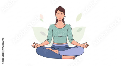 Woman meditating in lotus position with eyes closed and hands outstretched in a serene environment