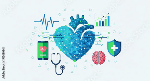 Medical icons and symbols surround a stylized blue heart on a white background with a stethoscope brain shield and smartphone