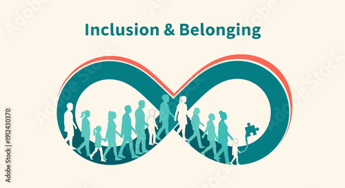 Inclusion and Belonging: Diverse People Walking Inside Infinity Symbol