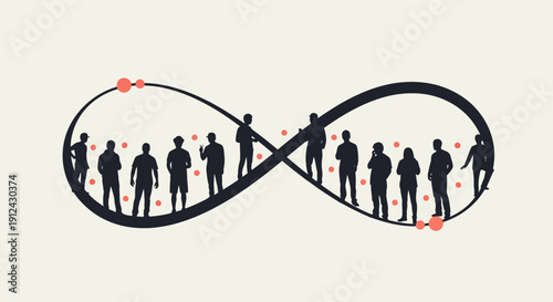 Humanity DNA Helix: Silhouette people on infinity loop gene strand