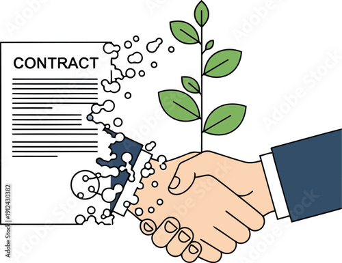 Business Growth Symbolized by a Handshake and Green Plant Emerging from a Contract