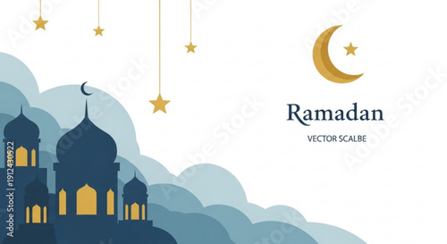 Ramadan kareem vector illustration with mosque silhouette crescent moon and stars on cloudy night sky background