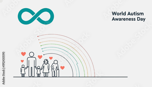 World Autism Awareness Day concept - Family with infinity symbol and rainbow