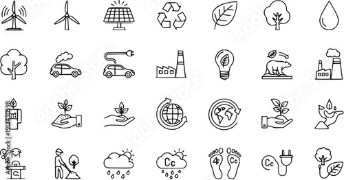Environmental and Ecological Line Icons Set: Renewable Energy, Nature, Pollution, Climate Change and Sustainability Concepts