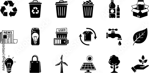 Eco-friendly Icons: Recycling, Sustainability, Green Energy, Nature, and Waste Management Symbols