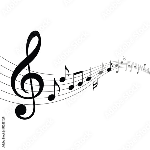 Musical notes and treble clef create a flowing elegant composition