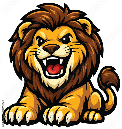 Aggressive Lion Cub Mascot Character with Open Mouth and Sharp Fangs Sitting for Sports Team Branding and Wild Animal Vector Illustration