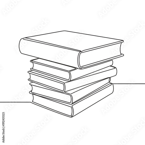 A minimalist line drawing depicts a stack of several books