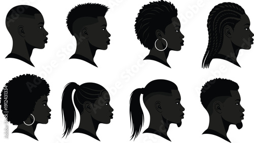 Black silhouette profiles of diverse African hairstyles including afro, dreadlocks, cornrows, fades, and ponytails for cultural, fashion, and identity design themes