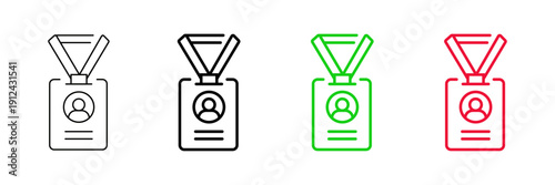 Set of minimalist identification badge icons with transparent background, depicting ID cards for employee access, event passes, and personal identification, vector illustration