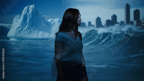A woman stands in front of a city skyline with a large iceberg and waves in the background, conveying a dramatic and ominous mood with cool blue tones.
