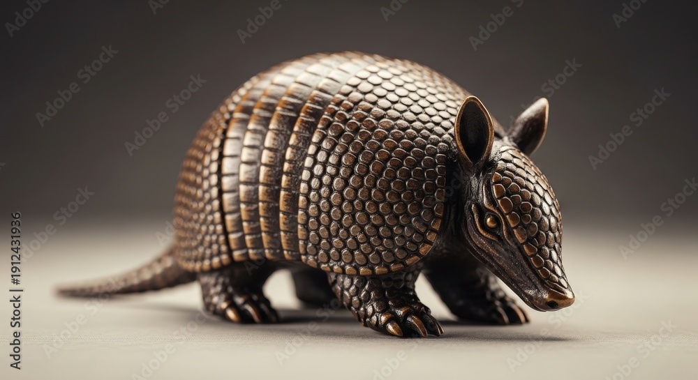 Obraz premium A detailed armadillo sculpture with intricate scales and textured surface standing on a plain surface from a side view