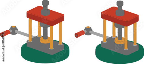 Vintage Mechanical Press Vector Illustration Crank Handle and Screw Mechanism