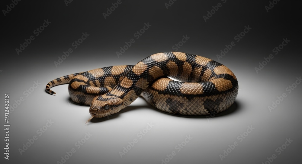 Fototapeta premium A coiled snake resting on a plain surface viewed from a slightly elevated angle
