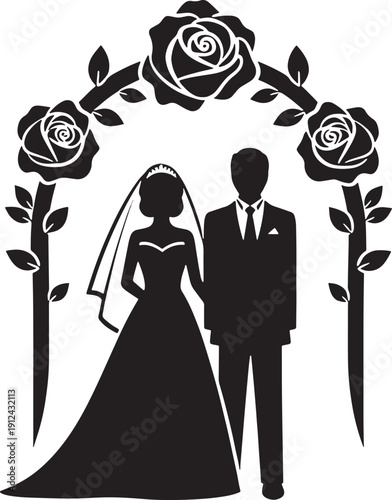 Black and white of a bride and groom under a rose arch wedding