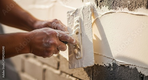 Close-up on hands applying smooth plaster to a cinder block facade