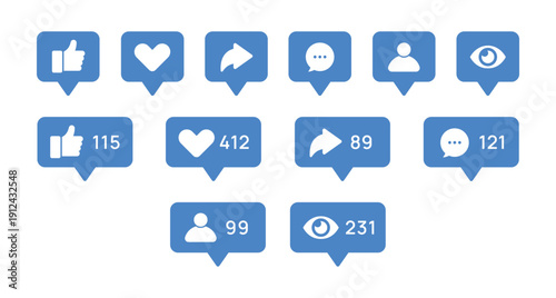 Blue social media notification icons set with followers, likes and comments counters.