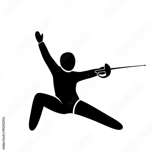 Fencer in Action Pose Sword Fighting Silhouette Black on White Background