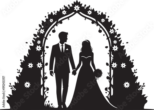 Black and white silhouette of a couple under a floral archway holding hands wedding