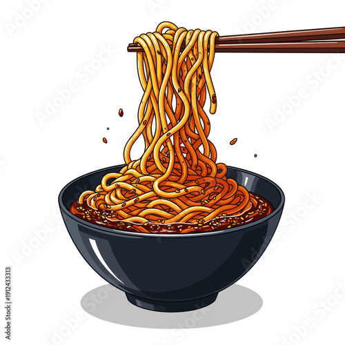 Pixel art of savory noodles being lifted with chopsticks from a dark bowl