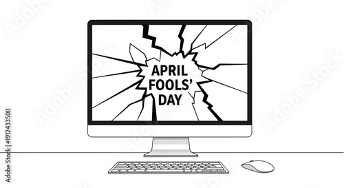 April Fools' Day Cracked Computer Screen Vector Illustration