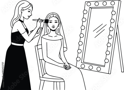Bridal Makeup Line Art Illustration Professional Makeup Artist with Bride