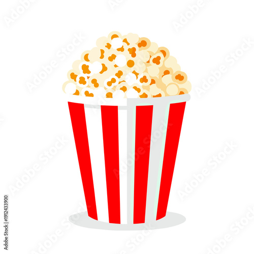 Classic Red and White Striped Bucket Filled With Freshly Popped Popcorn Against a White Background