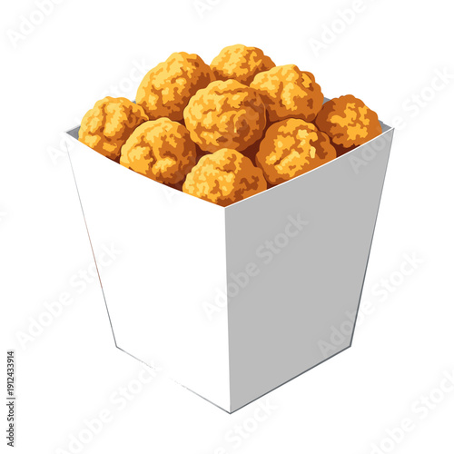 Crispy golden chicken bites packed in a white paper container for fast food enjoyment