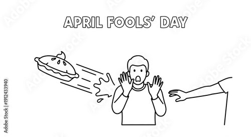 April Fools' Day prank: pie thrown at surprised man, line art illustration