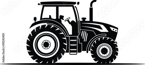 Black silhouette modern agricultural tractor side view isolated on white background, farm machinery vector illustration for agriculture, harvesting, and rural industry design use