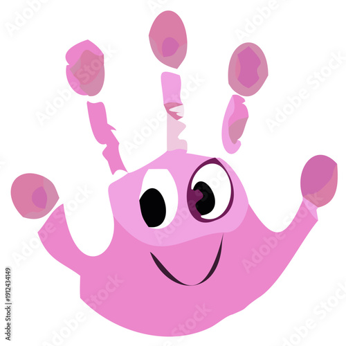 Happy pink handprint character illustration, friendly little monster with big eyes looking aside.