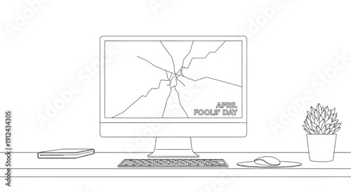 Broken Computer Screen on Desk with Plant and Mouse - April Fools Day