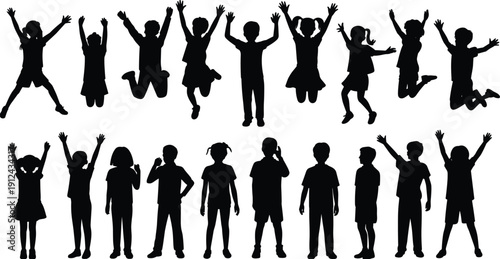 Children silhouettes jumping and standing isolated on white background, happy kids raising hands, playful movement, childhood joy, education and activity concept vector set