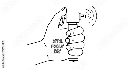 Hand holding otoscope with April Fools' Day text