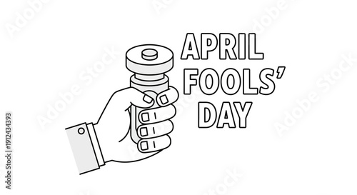 Hand holding prank shaker bottle with April Fools Day text