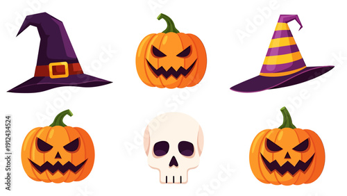 Halloween icons set featuring pumpkins, skull, and witch hats in playful illustration style.
