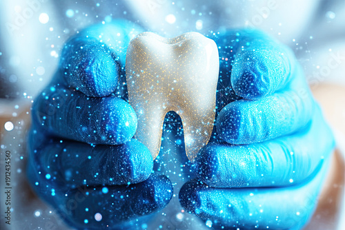 A pair of blue-gloved hands holding a glowing, digitally enhanced tooth symbolizing advanced dental care or technology.