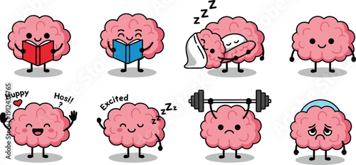 Cartoon brain character illustrations, emotional expressions, reading books, sleeping, happy, confused, excited, fitness workout, sick brain, educational psychology, mental health icons