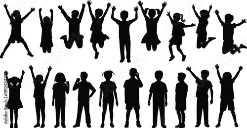 Collection of children silhouettes jumping and standing isolated on white background, happy kids raising hands, playful childhood activity, school and education concept