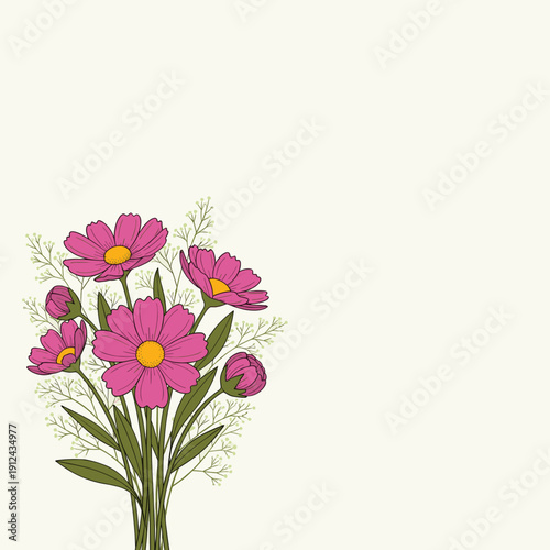 Pink Cosmos Flowers with Yellow Centers and Green Stems and Leaves on a Light Yellow Background