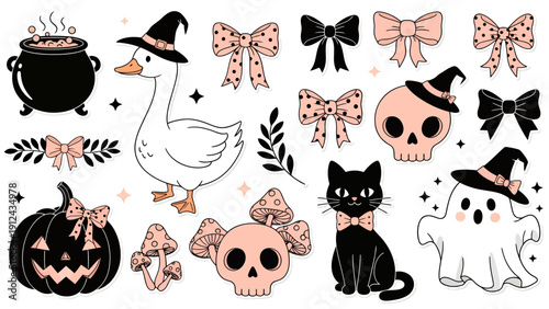 Whimsical Halloween Collage with Pumpkins, Skulls, Cats, Geese, and Witch Hat Elements.