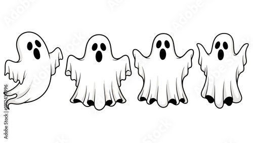 Lineup of four friendly cartoon ghosts floating together.
