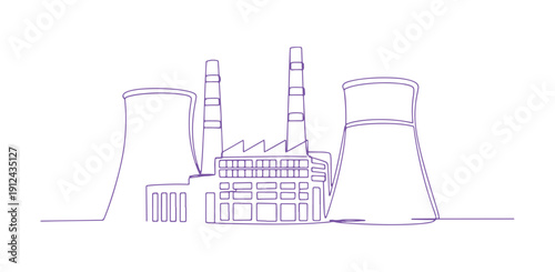 A continuous line art of an industrial factory. Abstract cooling towers of a power station shown in a simple linear fashion. Stroke is editable. Doodle outline vector illustration.