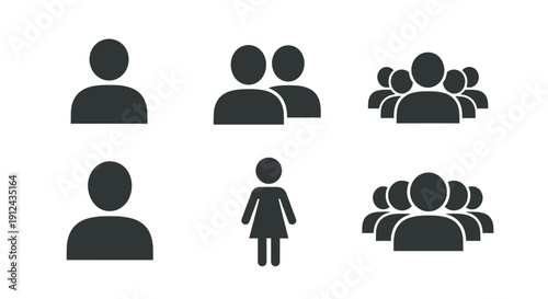 Collection of Silhouette Icons Representing People And Groups In Dark Gray On A White Background