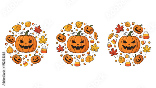 Three Halloween Pumpkin Wreaths Adorned with Autumn Leaves and Faces.